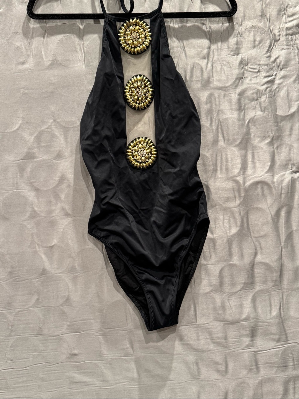 Forever Unique Black One-Piece Swimsuit with Gold Floral Accents